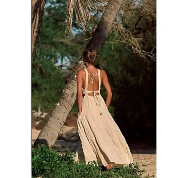 New Free People Auralie Cutout Maxi Dress $128 X-SMALL Tea Tiered Boho Free-Est