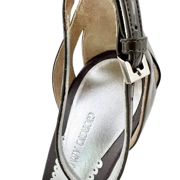 New Giorgio Armani Women 6.5 Shoes Gray Patent Leather High Heel Wedge Sandals