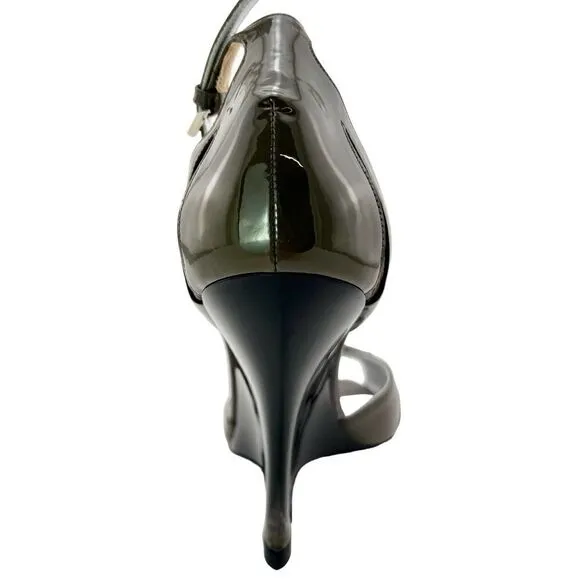 New Giorgio Armani Women 6.5 Shoes Gray Patent Leather High Heel Wedge Sandals