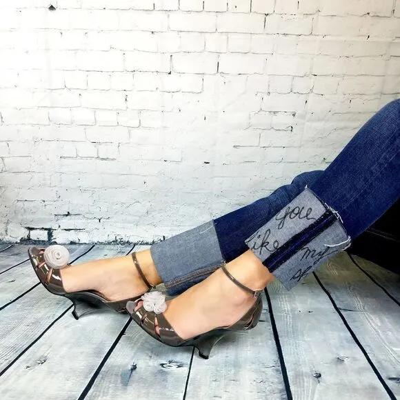 New Giorgio Armani Women 6.5 Shoes Gray Patent Leather High Heel Wedge Sandals