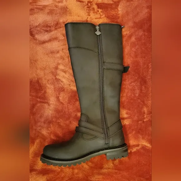 NEW HARLEY DAVIDSON BLACK THICK LEATHER KNEE HIGH SIDE ZIPPER BOOTS