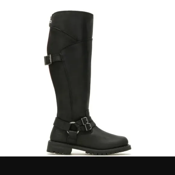 NEW HARLEY DAVIDSON BLACK THICK LEATHER KNEE HIGH SIDE ZIPPER BOOTS