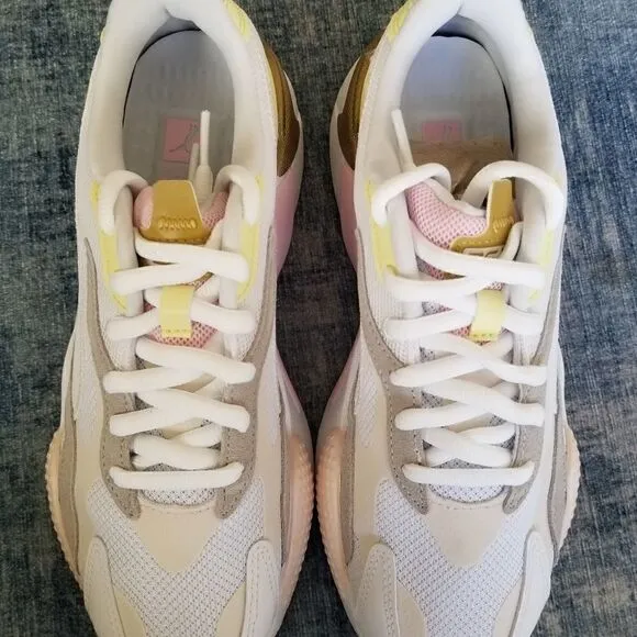 New in Box! Mens Puma RS - X Puzzle V2 Pearl White Yellow Athletic Shoes 8