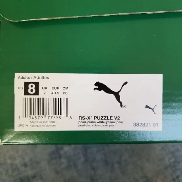 New in Box! Mens Puma RS - X Puzzle V2 Pearl White Yellow Athletic Shoes 8