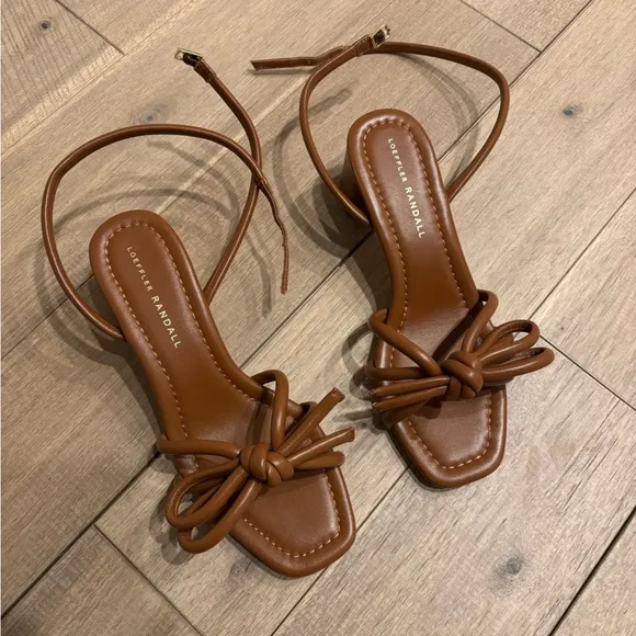 new Loeffler Randall Mikel leather bow block heel sandals  in timber brown