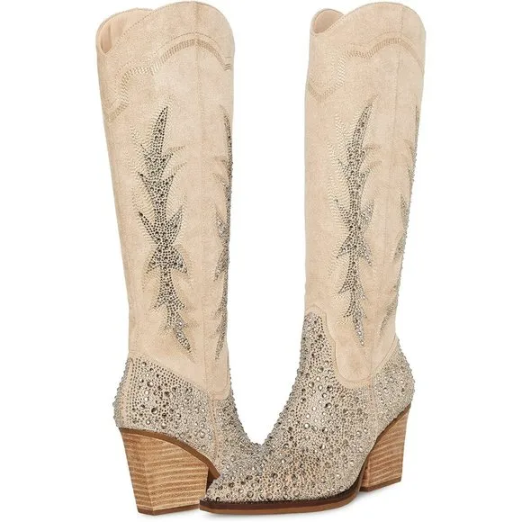 NEW Madden Girl Western Knee Hi Boots Size 7.5 Apple Sand Rhinestone Embellished