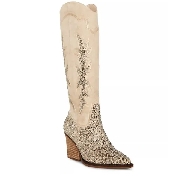 NEW Madden Girl Western Knee Hi Boots Size 7.5 Apple Sand Rhinestone Embellished
