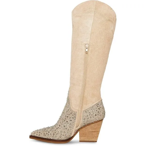 NEW Madden Girl Western Knee Hi Boots Size 7.5 Apple Sand Rhinestone Embellished