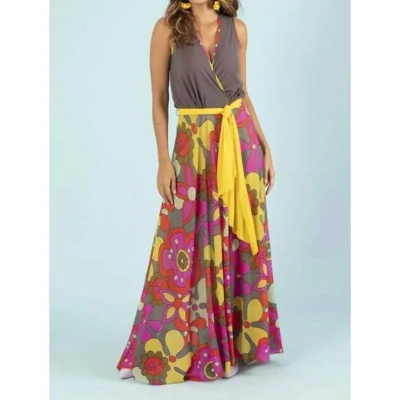 NEW PETIT POIS BY VIVIANA G retro flower maxi dress in gray