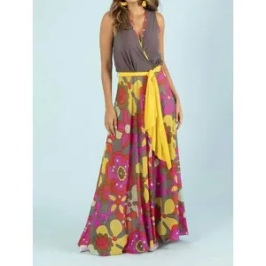 NEW PETIT POIS BY VIVIANA G retro flower maxi dress in gray