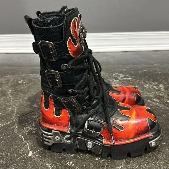 New Rock Metallic METALLIC M-107-S1 Leather Biker Moto Flame Boots 36 NWOB