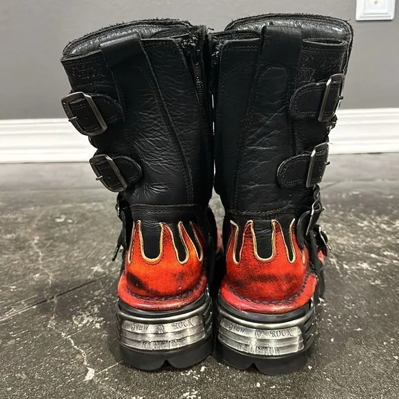 New Rock Metallic METALLIC M-107-S1 Leather Biker Moto Flame Boots 36 NWOB