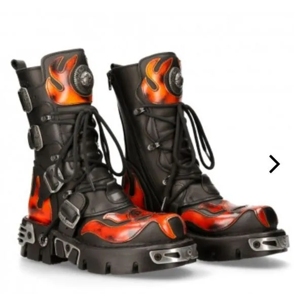 New Rock Metallic METALLIC M-107-S1 Leather Biker Moto Flame Boots 36 NWOB