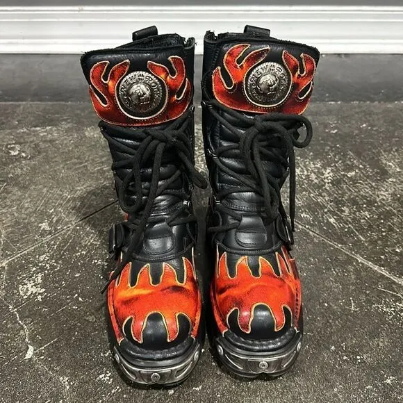 New Rock Metallic METALLIC M-107-S1 Leather Biker Moto Flame Boots 36 NWOB