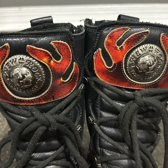 New Rock Metallic METALLIC M-107-S1 Leather Biker Moto Flame Boots 36 NWOB