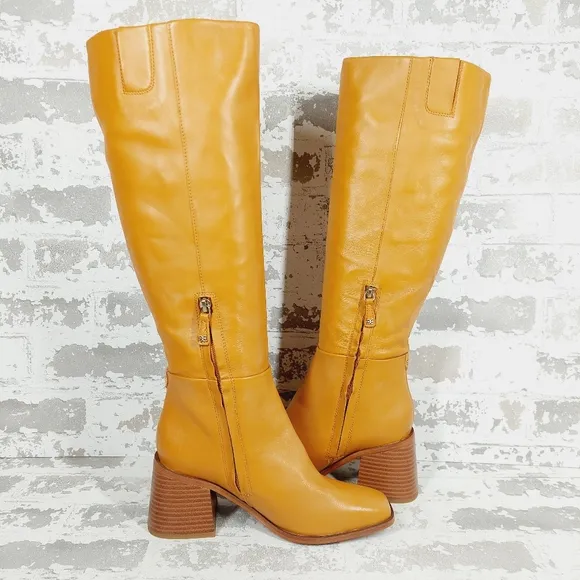 New Sam Edelman Wade Ath Caramel Leather Block Heel Knee High Boots D351