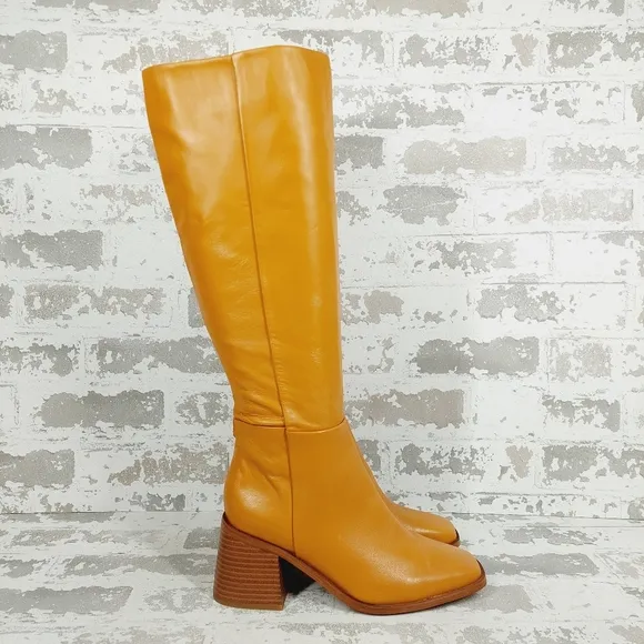 New Sam Edelman Wade Ath Caramel Leather Block Heel Knee High Boots D351