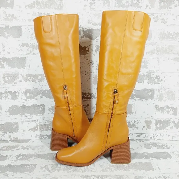 New Sam Edelman Wade Ath Caramel Leather Block Heel Knee High Boots D351