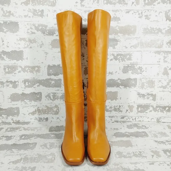 New Sam Edelman Wade Ath Caramel Leather Block Heel Knee High Boots D351