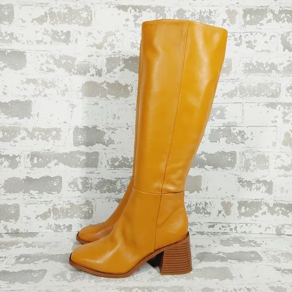 New Sam Edelman Wade Ath Caramel Leather Block Heel Knee High Boots D351
