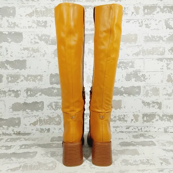 New Sam Edelman Wade Ath Caramel Leather Block Heel Knee High Boots D351