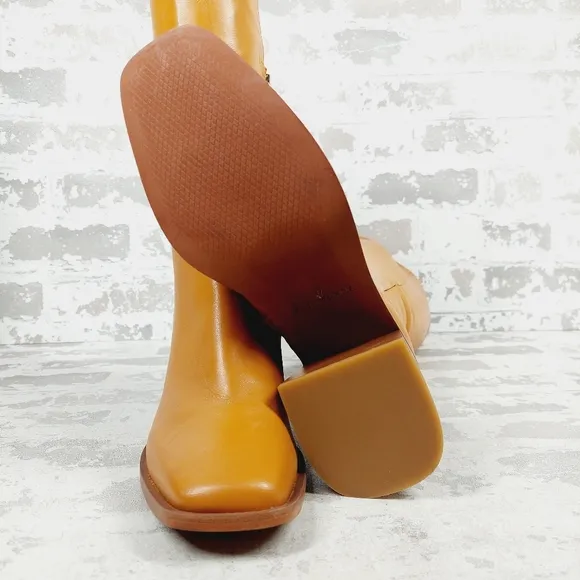 New Sam Edelman Wade Ath Caramel Leather Block Heel Knee High Boots D351