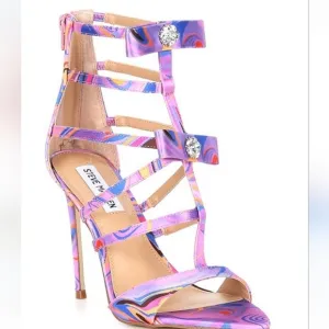 NEW Steve Madden Retro Print Sinclair Satin Rhinestone Strappy Dress Sandals