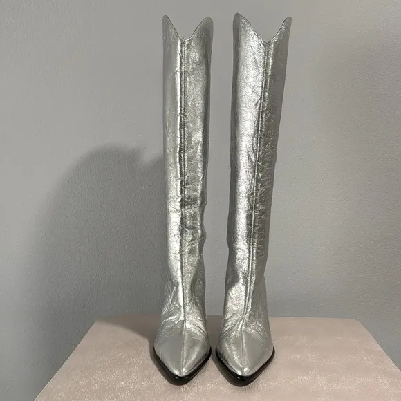 New Steve Madden Silver Croft Women's Knee-High Heeled Boots in Crushed Silver