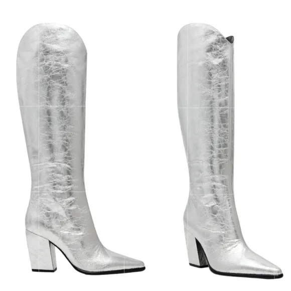 New Steve Madden Silver Croft Women's Knee-High Heeled Boots in Crushed Silver