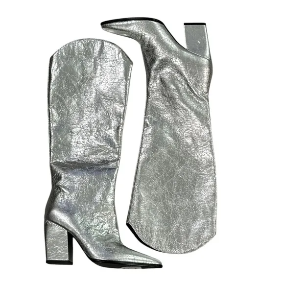 New Steve Madden Silver Croft Women's Knee-High Heeled Boots in Crushed Silver