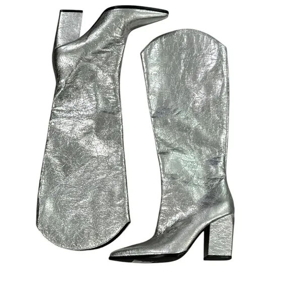 New Steve Madden Silver Croft Women's Knee-High Heeled Boots in Crushed Silver