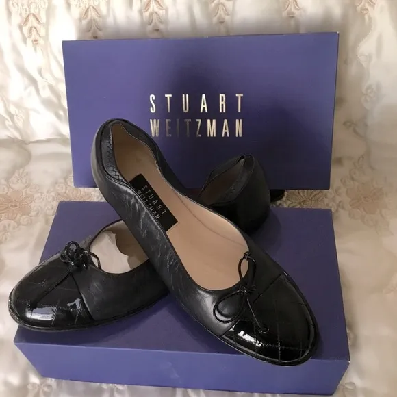 NEW Stuart Weitzman SNUGGLE Black Cap Toe Napa Leather Ballet Flats NIB