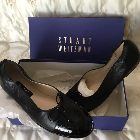 NEW Stuart Weitzman SNUGGLE Black Cap Toe Napa Leather Ballet Flats NIB