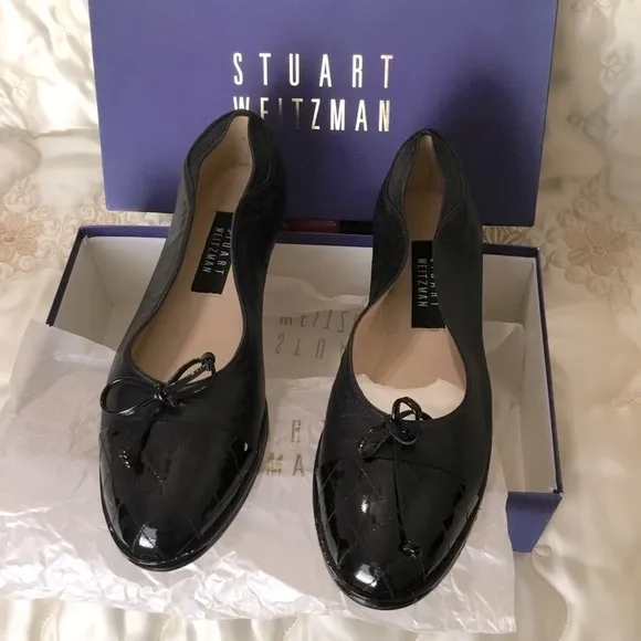 NEW Stuart Weitzman SNUGGLE Black Cap Toe Napa Leather Ballet Flats NIB