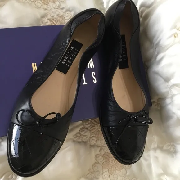 NEW Stuart Weitzman SNUGGLE Black Cap Toe Napa Leather Ballet Flats NIB