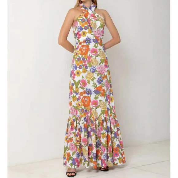 NEW S/W/F crossover halter maxi dress in spring floral