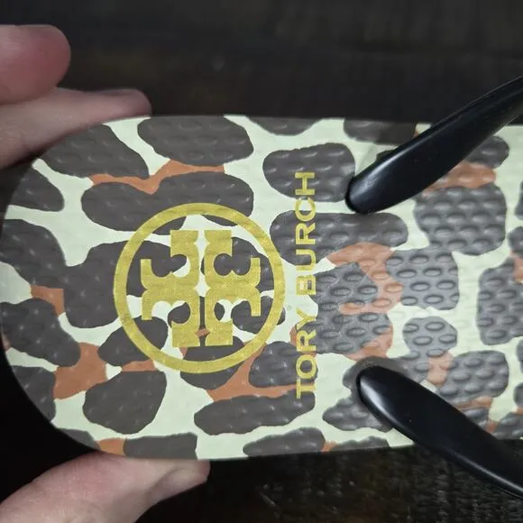 NEW Tory Burch Flat Flip Flops Womens Size 6 Sandals Thong Black Leopard Print