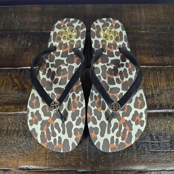 NEW Tory Burch Flat Flip Flops Womens Size 6 Sandals Thong Black Leopard Print