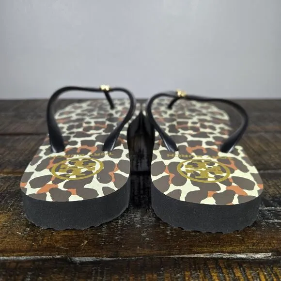 NEW Tory Burch Flat Flip Flops Womens Size 6 Sandals Thong Black Leopard Print