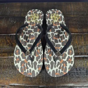 NEW Tory Burch Flat Flip Flops Womens Size 6 Sandals Thong Black Leopard Print