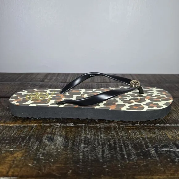 NEW Tory Burch Flat Flip Flops Womens Size 6 Sandals Thong Black Leopard Print