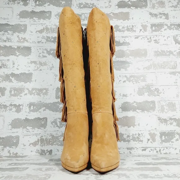 NEW Vince Camuto Panaryaz Tan Fringe HeeledKnee High Boots i481