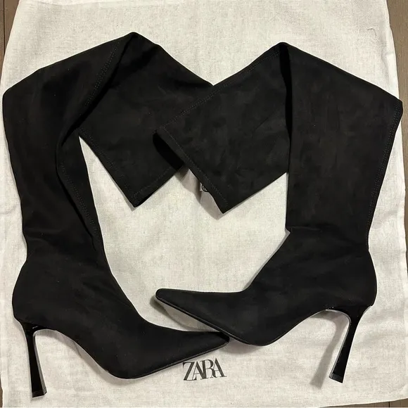 New Zara Heeled Fabric Black Over The Knee High Boots Size 8 2004/310