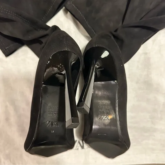 New Zara Heeled Fabric Black Over The Knee High Boots Size 8 2004/310