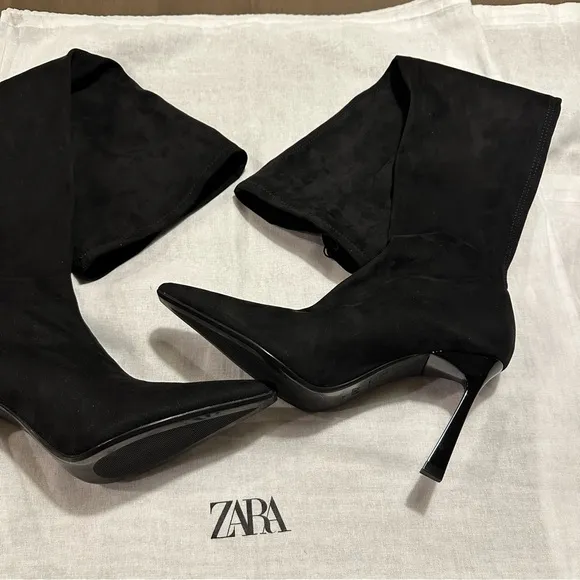 New Zara Heeled Fabric Black Over The Knee High Boots Size 8 2004/310