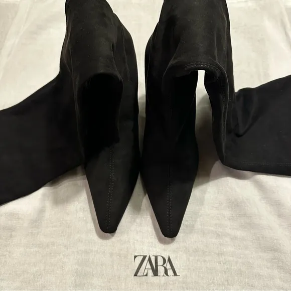 New Zara Heeled Fabric Black Over The Knee High Boots Size 8 2004/310
