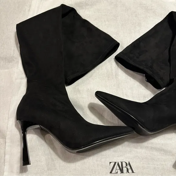 New Zara Heeled Fabric Black Over The Knee High Boots Size 8 2004/310