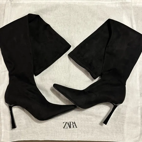 New Zara Heeled Fabric Black Over The Knee High Boots Size 8 2004/310