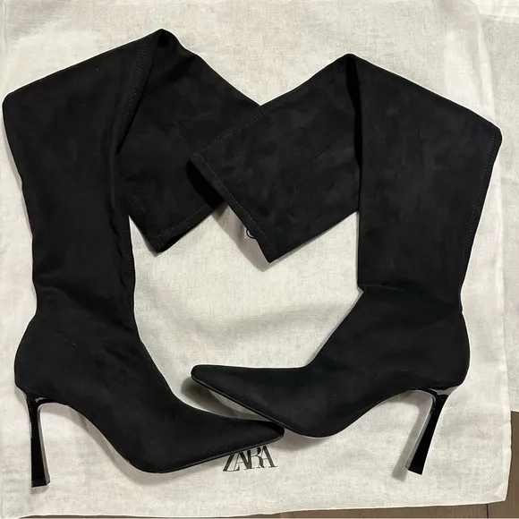 New Zara Heeled Fabric Black Over The Knee High Boots Size 8 2004/310
