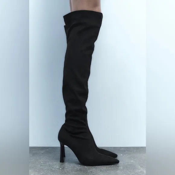 New Zara Heeled Fabric Black Over The Knee High Boots Size 8 2004/310